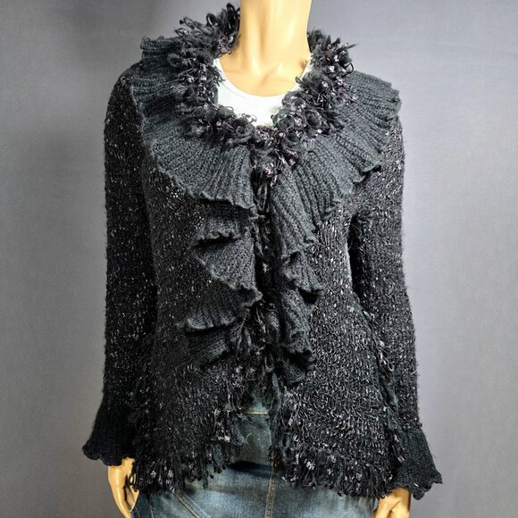 Y2K Black Shaggy Ruffled Cardigan Size S Boho Gothic Fairy Grunge Whimsigoth - Picture 2 of 14